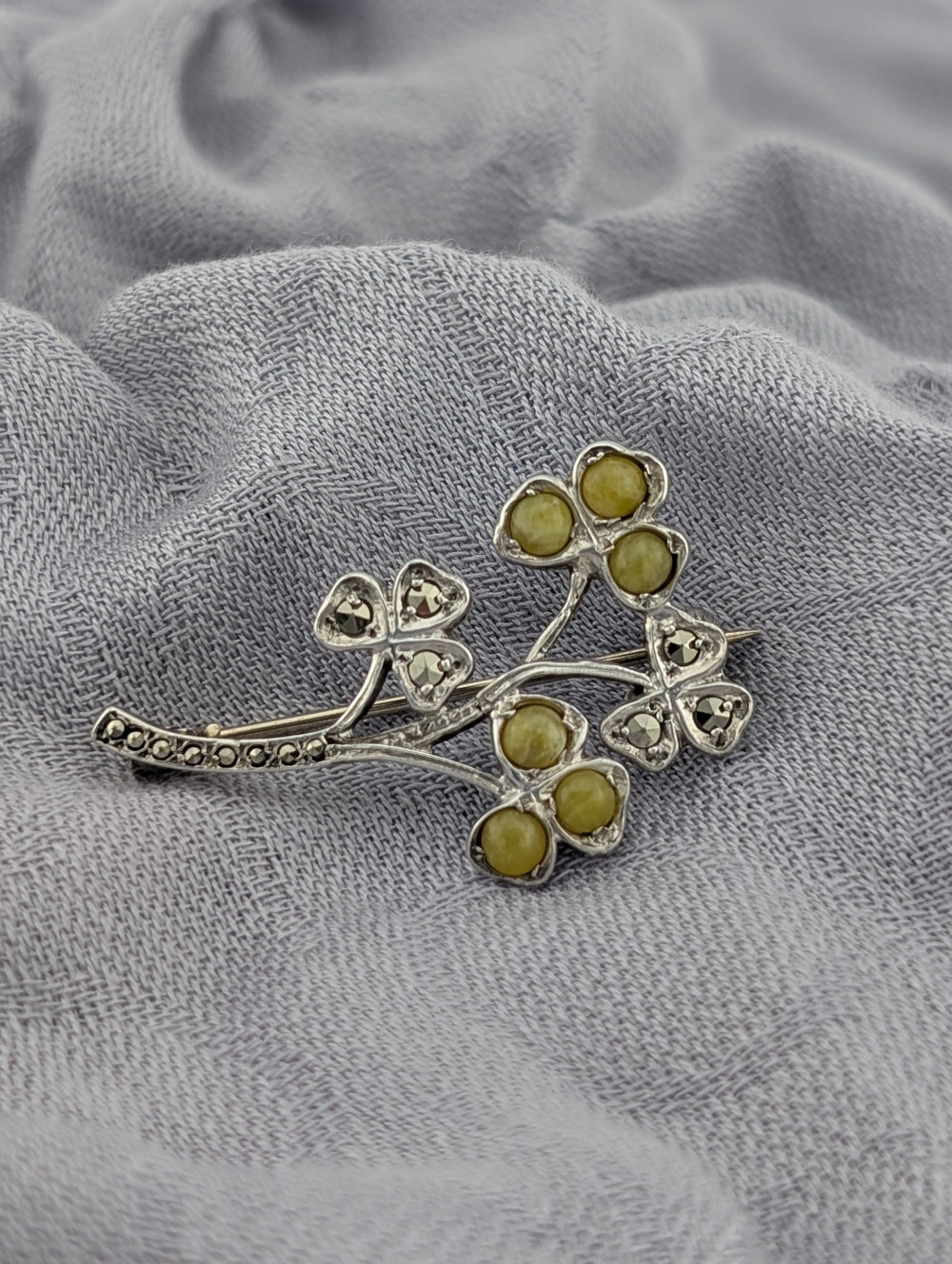 Vintage Connemara Marble, Marcasite, & Sterling Clover Brooch -925 Silver Estate